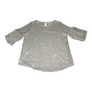 LC Lauren Conrad Silver Sequin Balloon-Sleeve Cream Top Women M